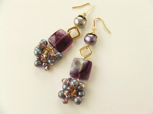 金具変更OK Pierces or Earrings フローライト 淡水パール(P0863)の画像1枚目