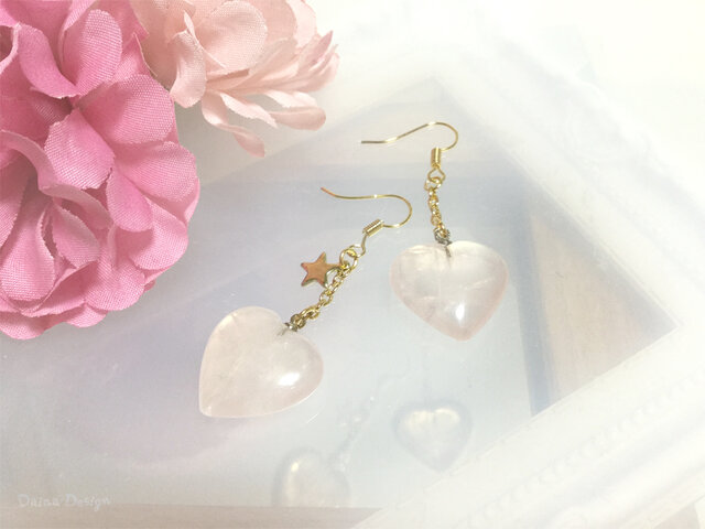 ローズクォーツ ハート シェイプ 天然石 ピアス イヤリング ☆ ダイナデザイン ☆ ゴールド カラーの画像1枚目