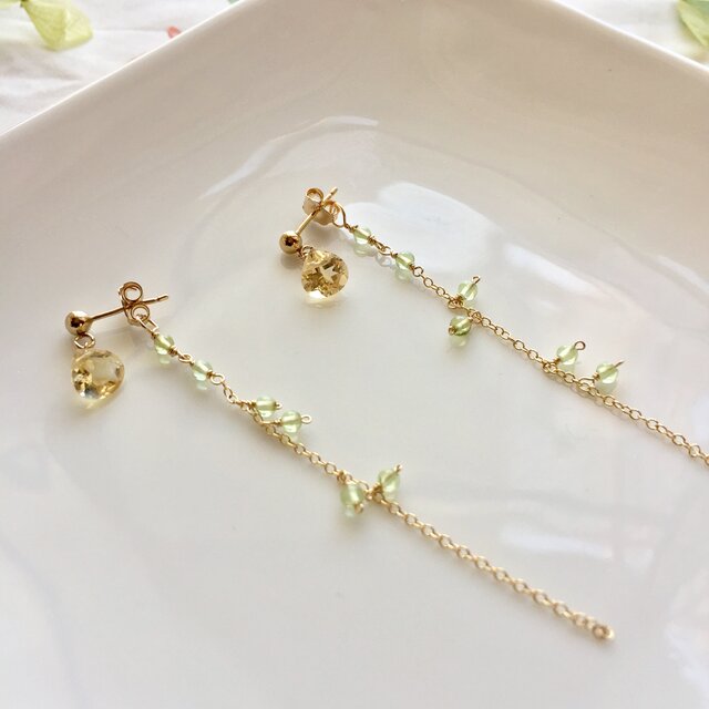 シトリン×ペリドットバックチェーンピアスの画像1枚目