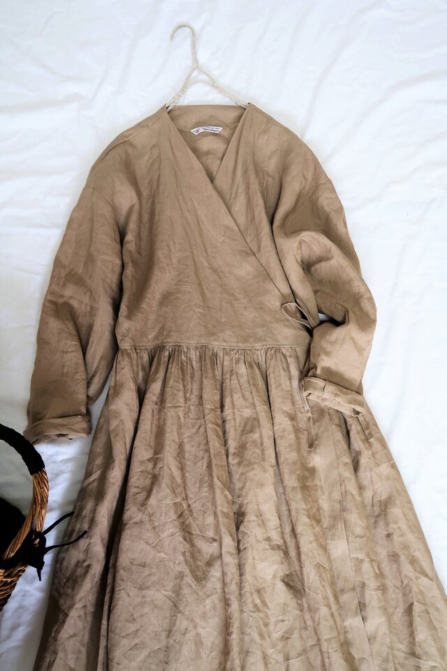 やわらかベージュ♡リネンカシュクールコート・ナチュラル系マストアイテム♡レイヤードスタイルの画像1枚目