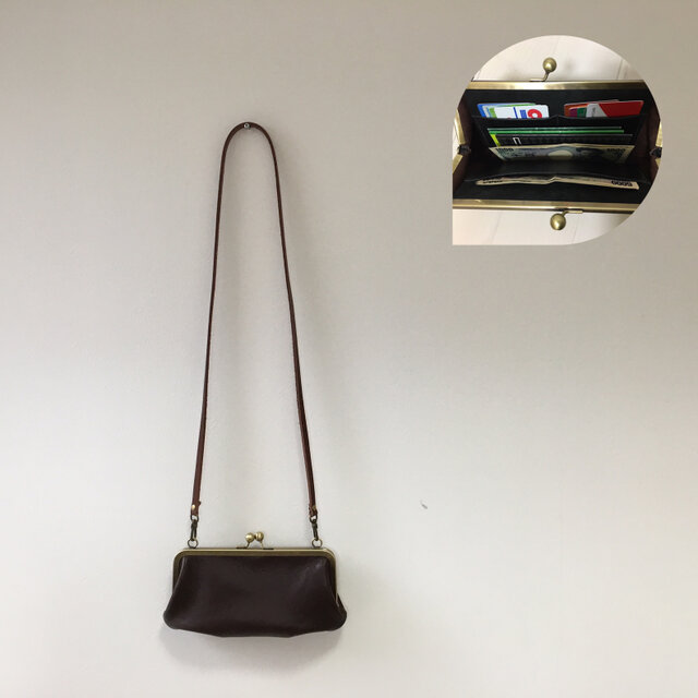 上質牛革 2wayがま口ショルダー◆通帳入るsize 焦げ茶の画像1枚目