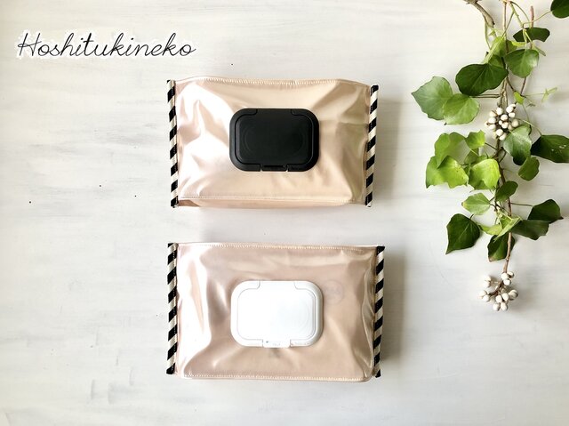 星月猫★「バイアスストライプのウェットティッシュケース ピンク」フタのカラーが選べます インテリアになじむシンプルなデザインの画像1枚目