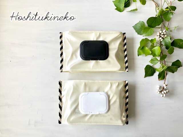 星月猫★「バイアスストライプのウェットティッシュケース パールホワイト」フタのカラーが選る インテリアになじむデザインの画像1枚目