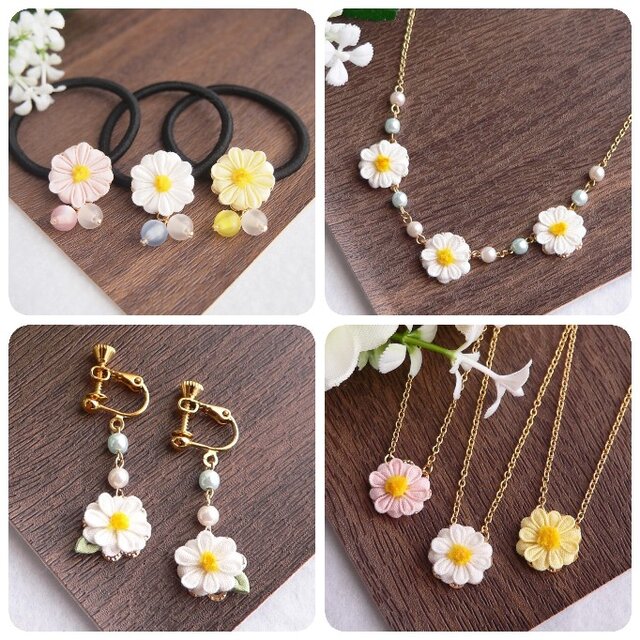 全3色⟫ マーガレットとパールのピアス （ つまみ細工＊受注制作