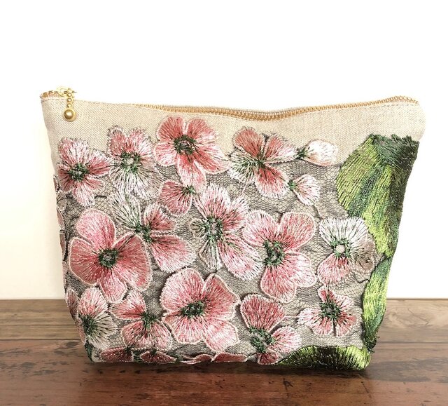 再販 アジサイ 麻刺繍ポーチ ピンクの画像1枚目