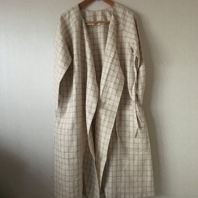 リネンコットンチェックカシュクールコート ベージュチェックFの画像1枚目