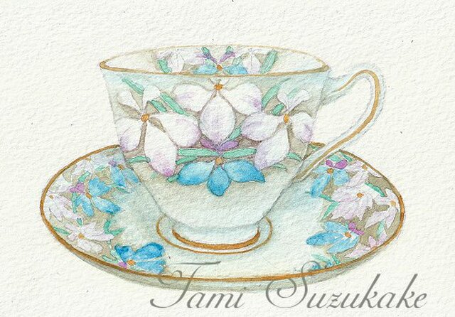 額付き水彩 原画 花柄のティーカップ Iichi ハンドメイド クラフト作品 手仕事品の通販