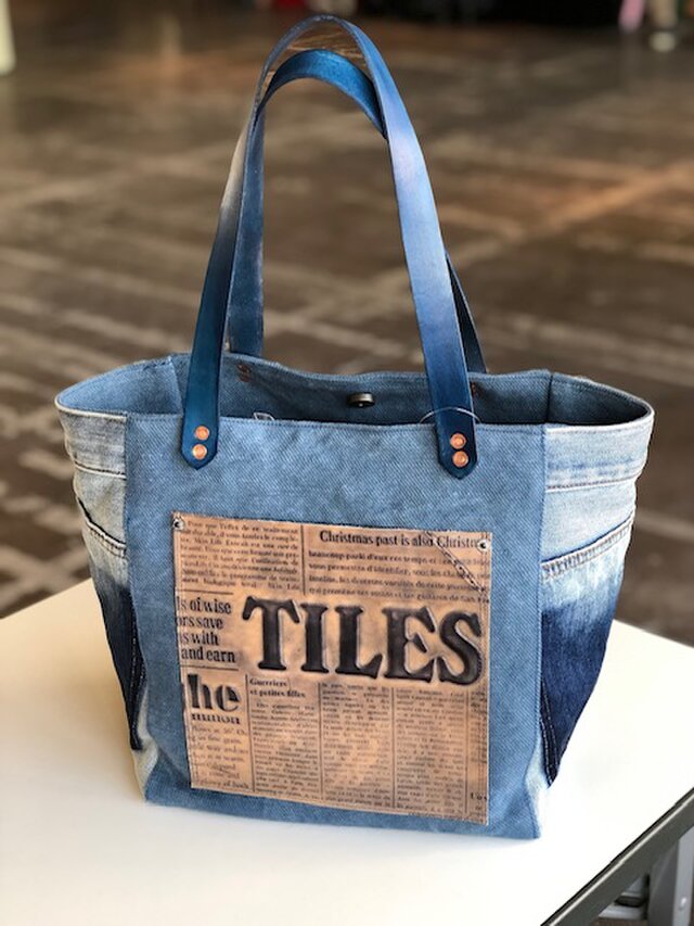 アーミーダック綿麻ツイルとデニムのスクエアトート M +の画像1枚目