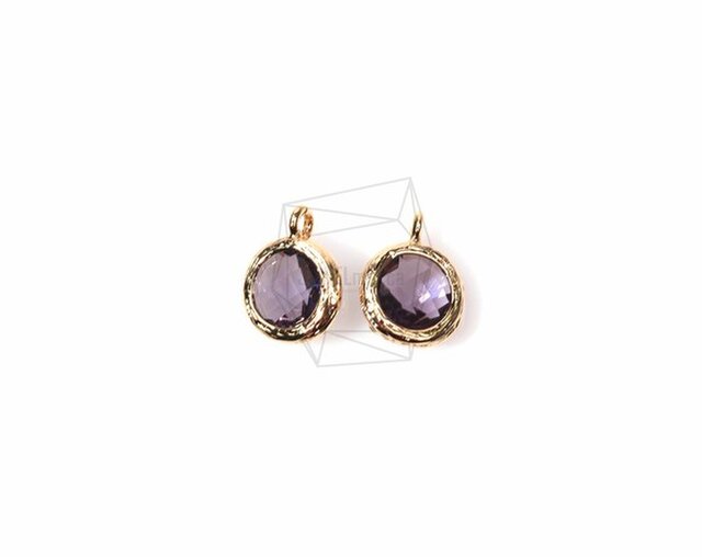 GLA-023-G【2個入り】ラウンドガラスチャーム,Round Framed Stone(Amethyst)の画像1枚目
