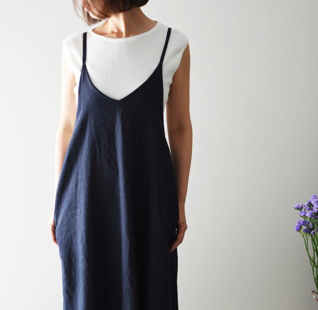 リネン Aラインエプロンワンピース NAVYの画像1枚目