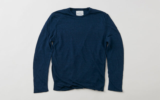 リネンニット mens/M 長袖プルオーバー(ダークネイビー)の画像1枚目