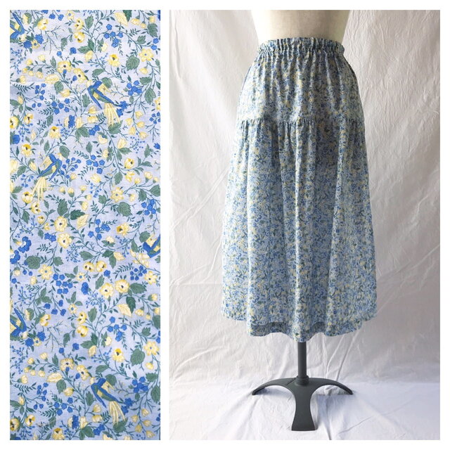 75cm丈：涼しく過ごすためのティアードスカート（花と小鳥：ブルー）