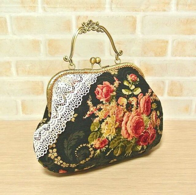 ロココ調*アンティーク風・レース&バラのがま口バッグ♪ 花／薔薇