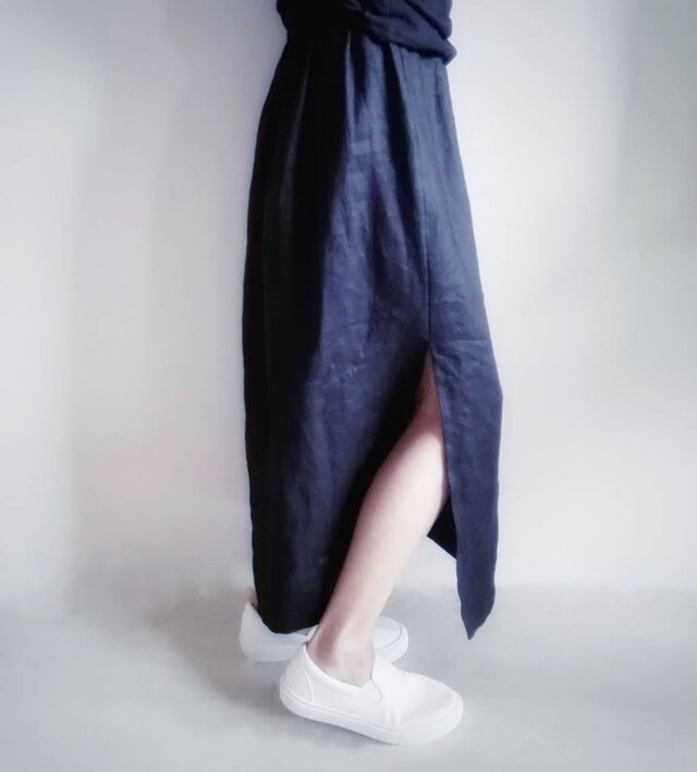 スリット麻スカート　ネイビー　送料無料