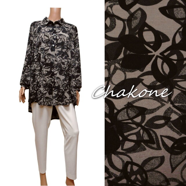 ★再販【ブラウス】ゆったりフレア・ブラウス・ロングシャツ(丸襟/長袖/テールカット/ML) 花柄(ブラック×グレー)