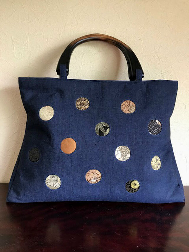 紺地紬　丸窓帯地はめ込み手提げ