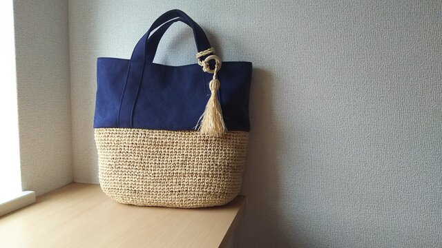 『夏の福袋2019』マダガスカル産ラフィアとヴィンテージ帆布のデイリートート ( navy blue m)の画像1枚目