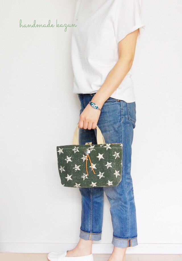 一点もの！カーキに星柄×エスノ柄の帆布ミニトート