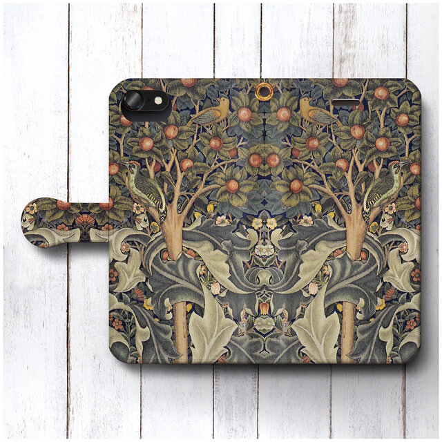 【ウィリアムモリス キツツキ】スマホケース手帳型 全機種 対応 絵画 人気 プレゼント iPhoneXR