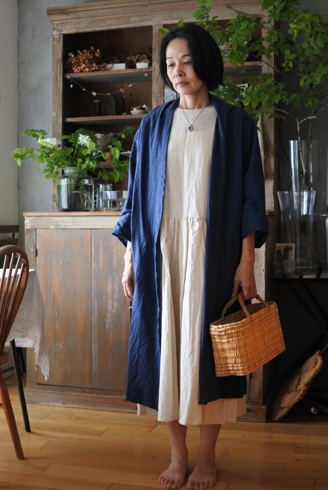 綿麻グレンチェックコーディガン ブルーの画像1枚目
