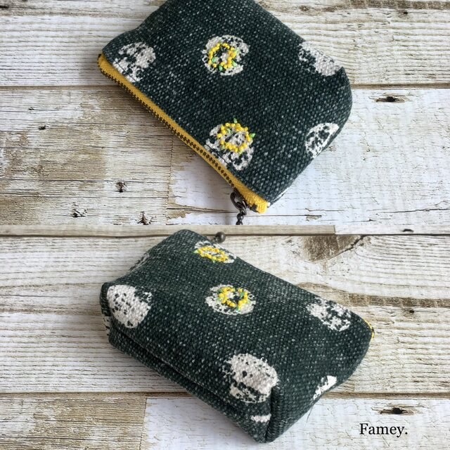 手刺繍ミモザリースの手のひらサイズポーチ(緑色) コインケース 小物