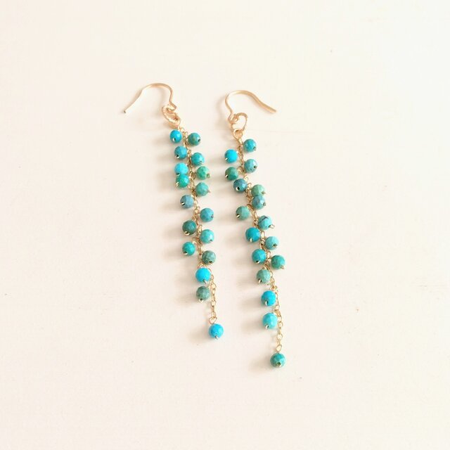 ターコイズシャワーロングピアス（14kgf）
