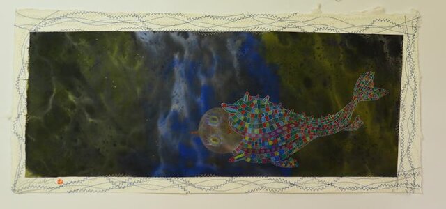宇宙/ 墨の世界/ 彩墨画 / 水墨画 / 月/ 魚型の宇宙船 /アート作品 / modern paintingの画像1枚目