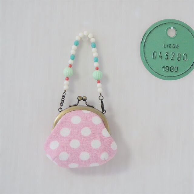 ■水玉ハーフリネンのがま口バッグチャーム / ピンク■ fruit (bdot-pi)