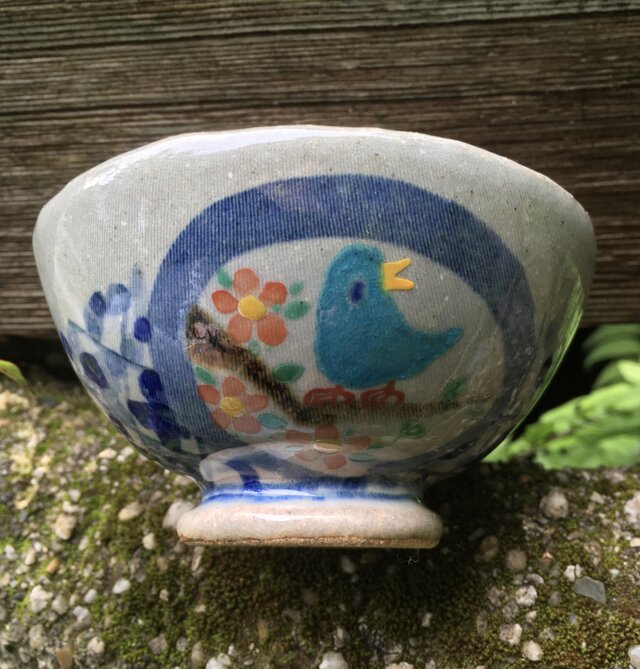 再・再出品・青い鳥と金魚の小さめご飯茶碗
