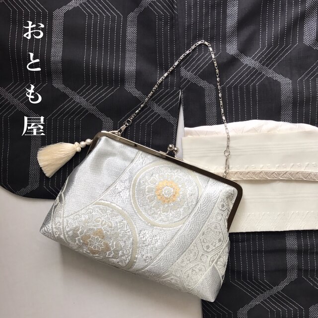 涙模様、シルク着物帯の2ways クラッチバック 和風、鶴、桜模様シルク着物帯をリメイクした2waysクラッチ