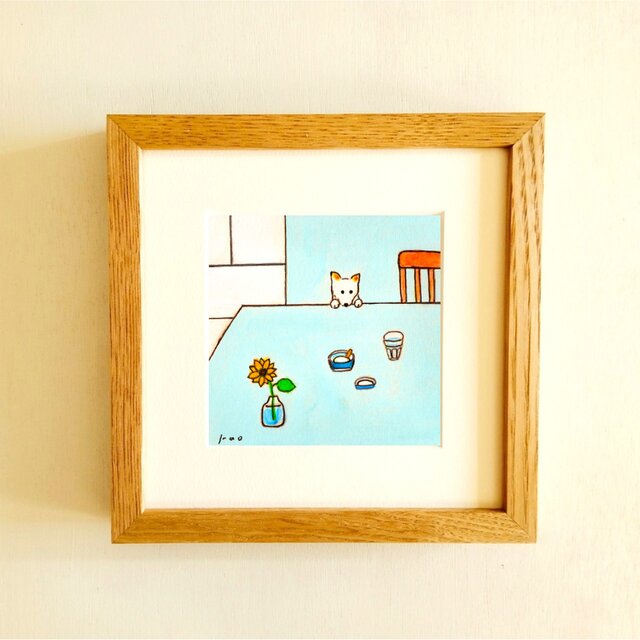 再販【原画・イラスト】「バニラアイス」 ※木製額縁入り（18㎝角）犬の