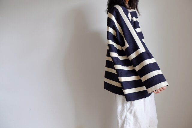 再販・リネン バスク 風 シャツ ボートネック 太 ボーダー【 紺 に クリーム 】/linen basque<受注制作>の画像1枚目