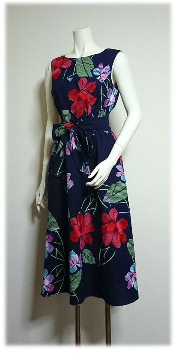 129＊マルチカラー花柄浴衣リメイクＡラインワンピース