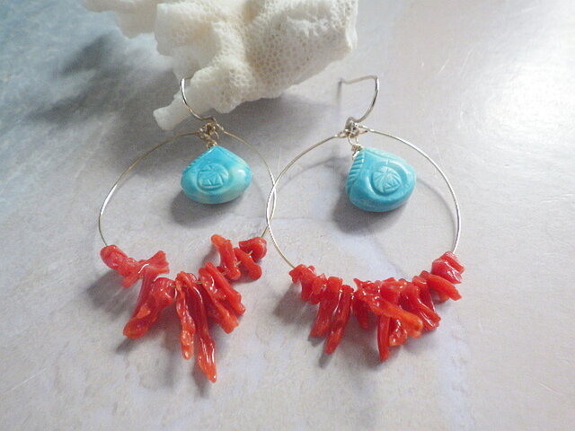 14kgf*Red Coral&Turquoise 天然赤珊瑚とターコイズのピアス