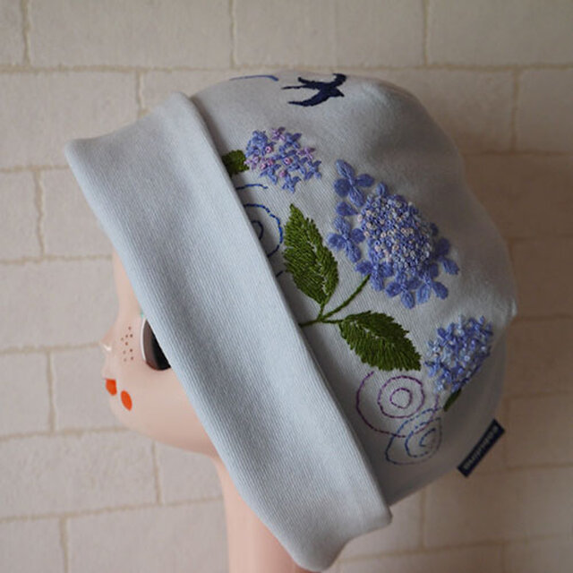 コットン素材スパンフライスニット生地で作ったニット帽（アジサイ）