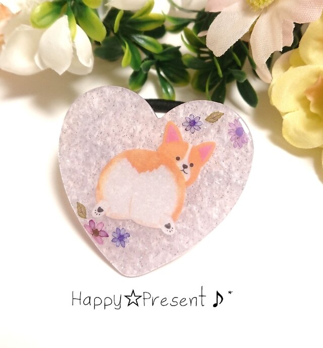 紫陽花カラーのコーギーのお尻がカワイイflowerハートのヘアゴム❤️✨ 送料無料 犬 大人可愛い アジサイ 紫の画像1枚目