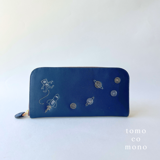 刺繍革財布『宇宙』NAVY × MONO-tone（牛革）／ラウンドファスナー長