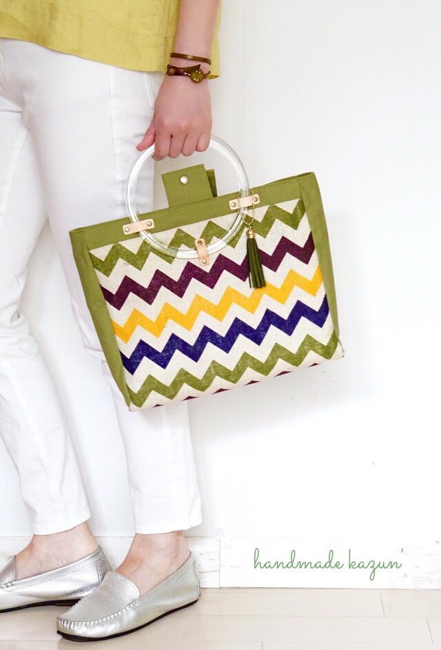 一点もの！ジュート麻生地・シェブロン柄の丸持ち手トートバッグ