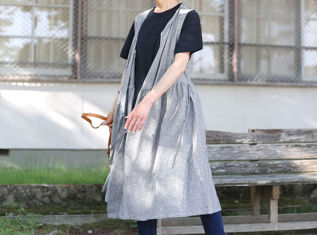 S-5L コットンリネン カシュクールワンピース ブラック千鳥格子 春夏物