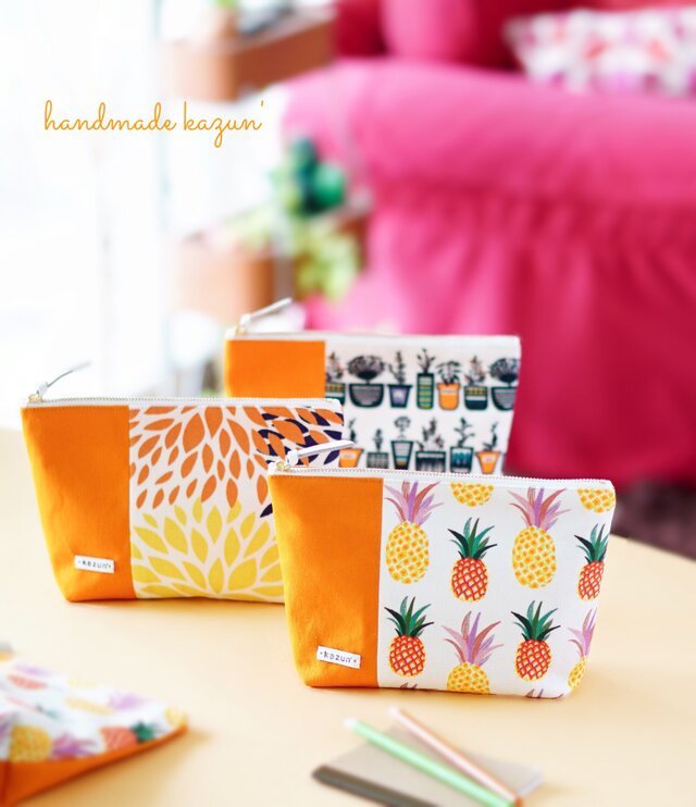 デザイナーズ生地で作ったパイナップル柄のマチ付きポーチ・本革使用