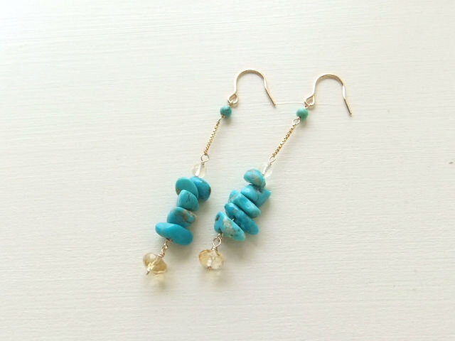 ターコイズ×シトリンチェーンピアス(14kgf)の画像1枚目