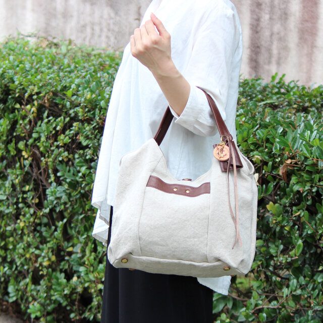 tanton-mini(linen)ダークブラウン(リネン帆布×杤木トートバッグ)の画像1枚目