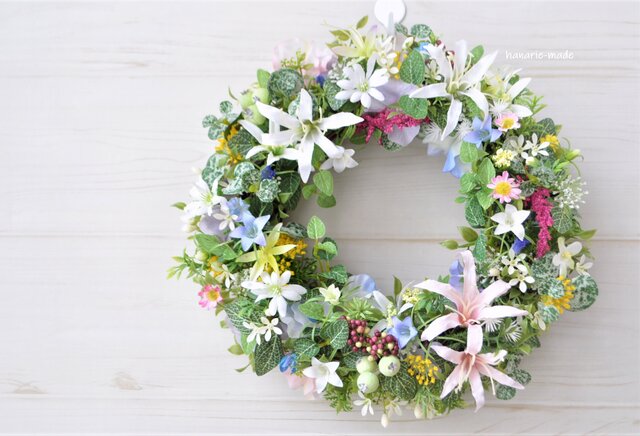 order yさま オーダーのページ 夏草花のリース ピンクと白のダイアモンドリリーの画像1枚目