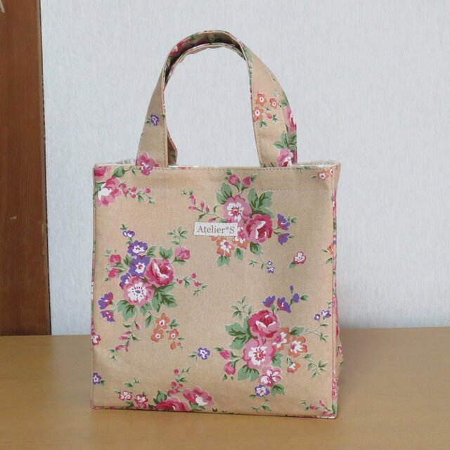 【再販】ミニスクエアトートバッグ★花柄(ベージュ)の画像1枚目
