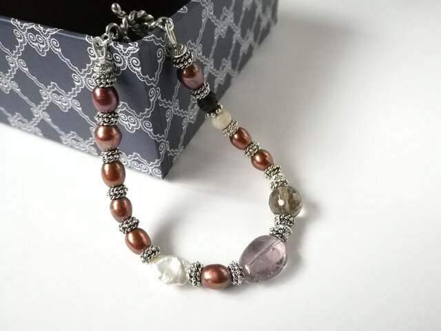 【パワーストーン】ブレスレット 淡水パール アメシスト スモーキークォーツ アメジストのアンティークブレスレット スモーキークォーツ バロック