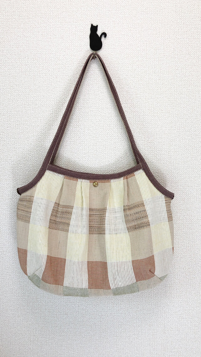 裂き織り　グラニーバッグ（ブロックチェック）和風