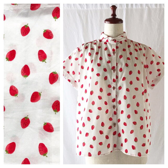 すっきり見えるギャザーブラウス：半袖（苺ステッチ：レッド）