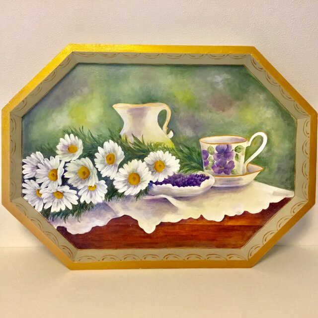 お庭のティータイムの絵のトレイ