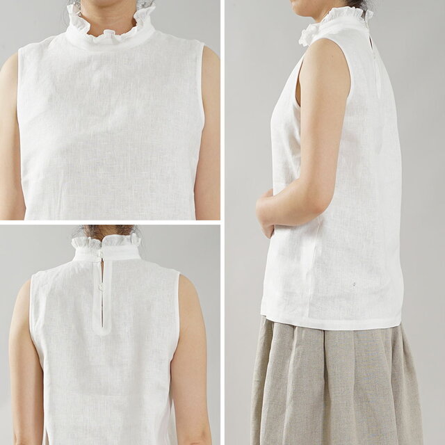 wafu】中厚 リネン ブラウス フリル 襟 トップス タンクトップ