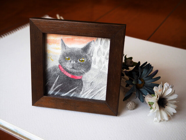小さな額入の原画「夕暮れ黒猫」の画像1枚目